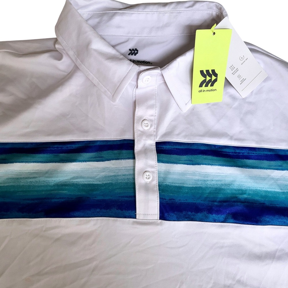 All in Motion Men's XL White Chest Stripe Polo Quick Dry Moisture Wicking‎ NWT
